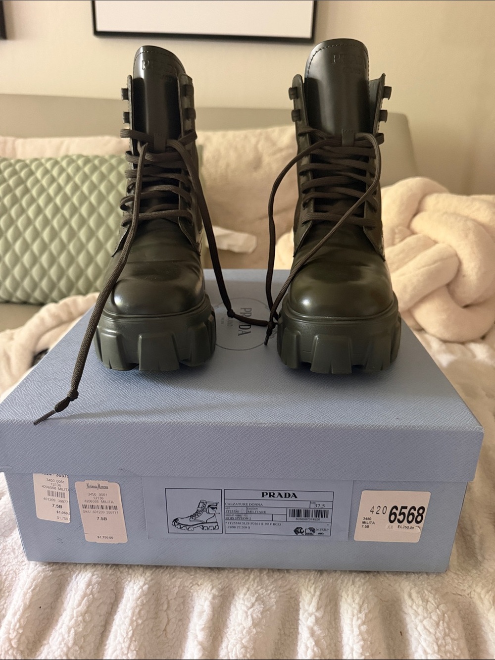 Prada Olive Green Lace-Up Lug Sole Boots
